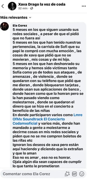 Este es el mensaje que la viuda de Drago dejó en redes sociales y que fue eliminado. Foto: Captura de pantalla.