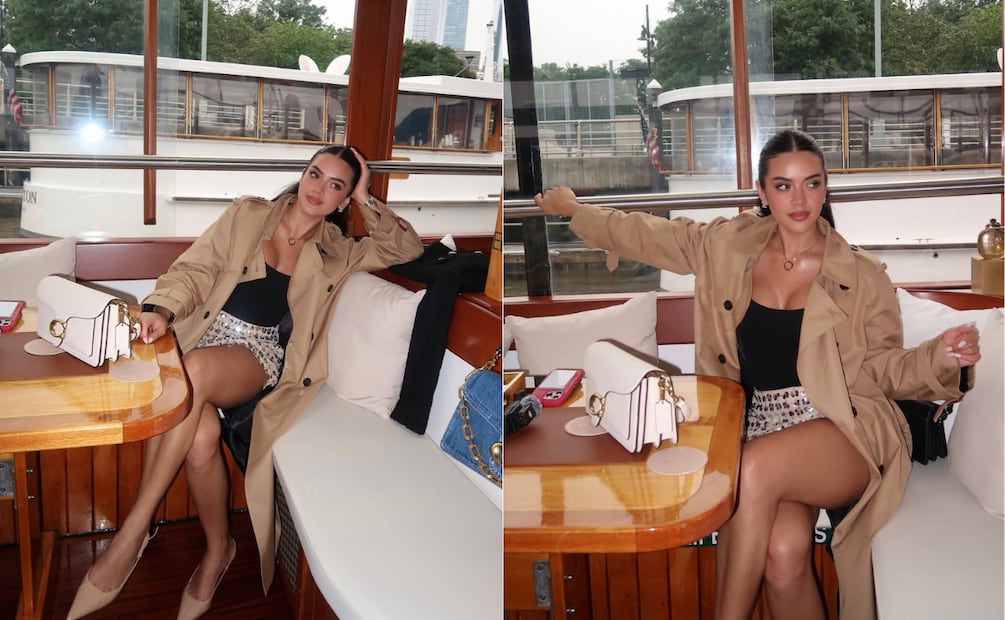 Elegancia instantánea con falda de brillos, top negro y gabardina beige, perfecta para un look sofisticado. Foto: Instagram @lailanysota