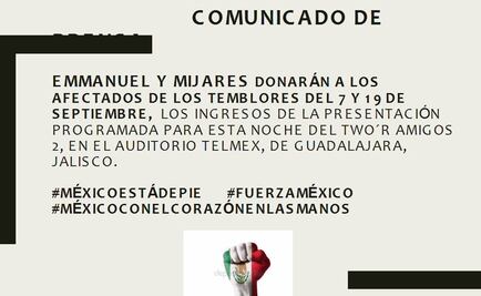 Emmanuel y Mijares donarán ganancias de show para afectados por sismo