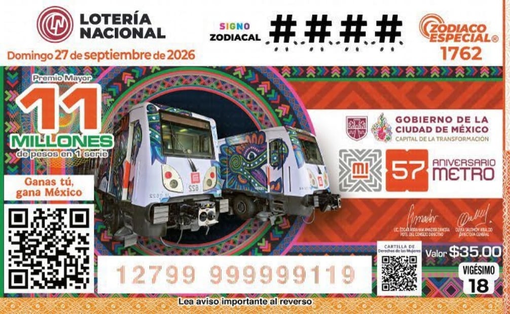 Sale a la venta este 6 de septiembre, billete de lotería que conmemora los 57 años del Metro. Foto: Tomado de la cuenta de X de @MetroCDMX