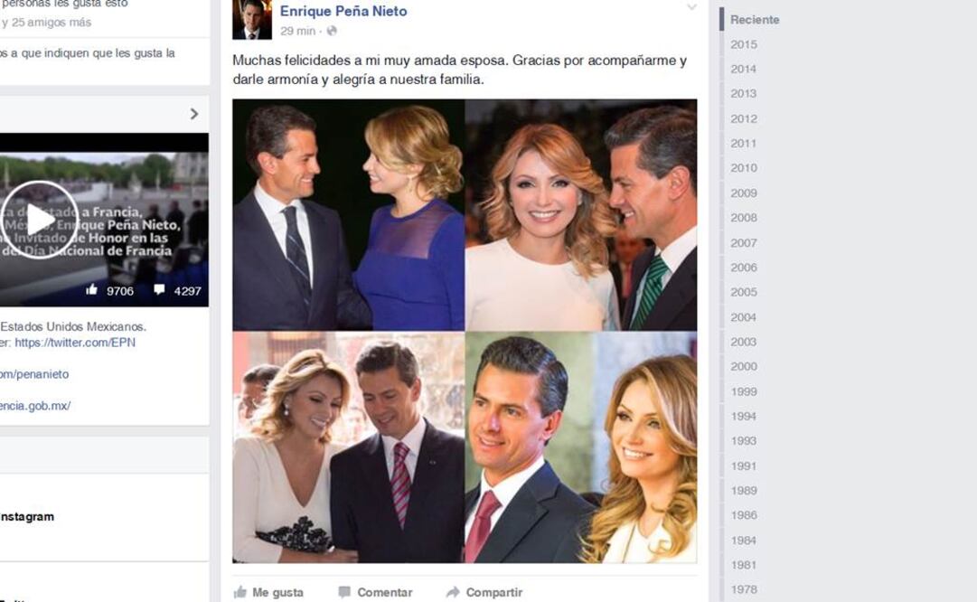 "Muchas felicidades a mi muy amada esposa. Gracias por acompañarme y darle armonía y alegría a nuestra familia", dice el mensaje del Presidente Peña Nieto (TOMADA DE FACEBOOK)