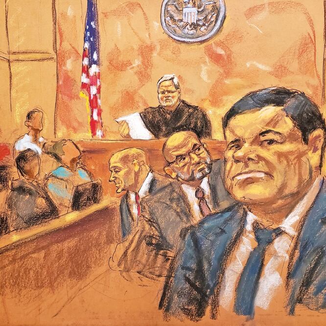 Joaquín El Chapo Guzmán durante el juicio en su contra, en la Corte Federal de Brooklyn, Nueva York, el pasado 12 de febrero. Ilustración: JANE ROSENBERG. REUTERS
