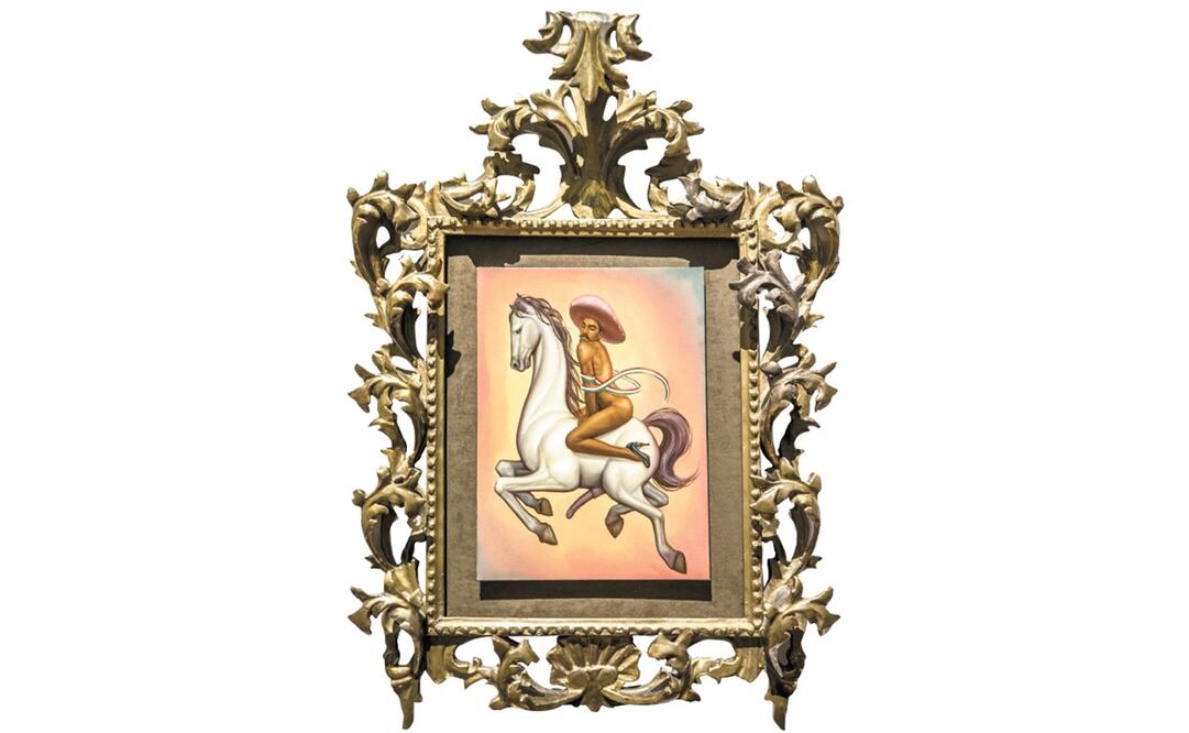 La pintura La Revolución representa Zapata desnudo, con un sombrero rosa, con tacones y montado sobre un caballo con una erección. Foto: Sergio Tapia. EL UNIVERSAL