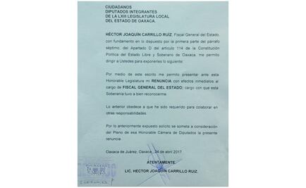 Fiscal de Oaxaca presenta renuncia al cargo