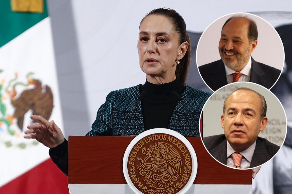 Claudia Sheinbaum, presidenta de México, durante la mañanera del 4 de noviembre del 2025. Exgobernador de Michoacán y ahora jefe de la Oficina de Presidencia, Lázaro Cárdenas Batel y el expresidente Felipe Calderón. Fotos: Berenice Fregoso, Diego Simón  / EL UNIVERSAL y Especial.