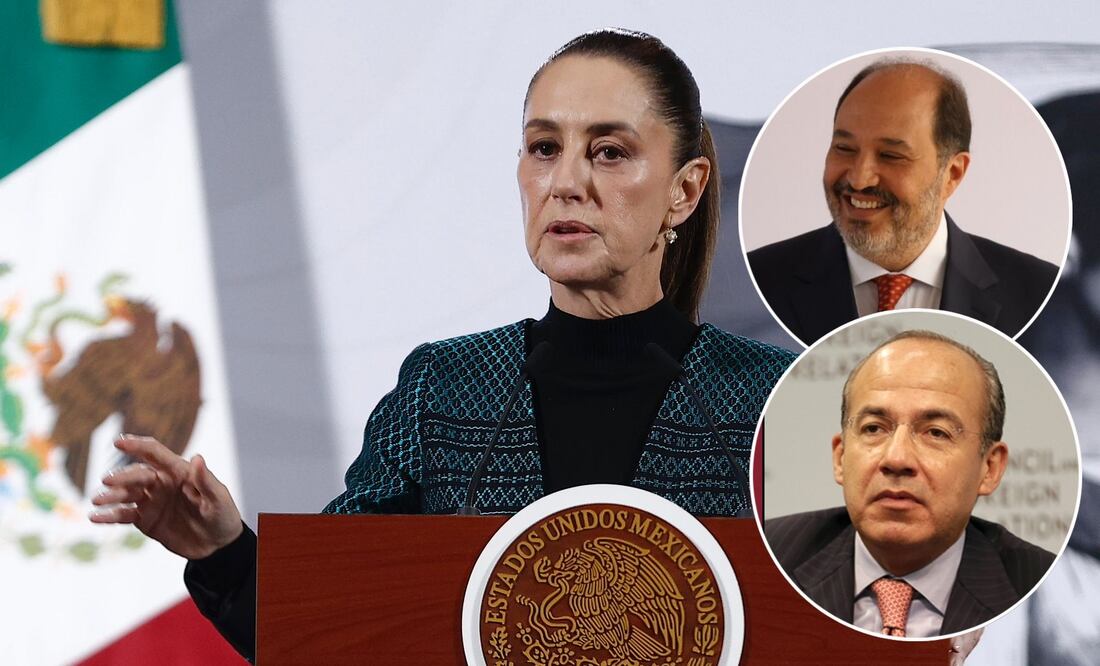 Claudia Sheinbaum, presidenta de México, durante la mañanera del 4 de noviembre del 2025. Exgobernador de Michoacán y ahora jefe de la Oficina de Presidencia, Lázaro Cárdenas Batel y el expresidente Felipe Calderón. Fotos: Berenice Fregoso, Diego Simón / EL UNIVERSAL y Especial.