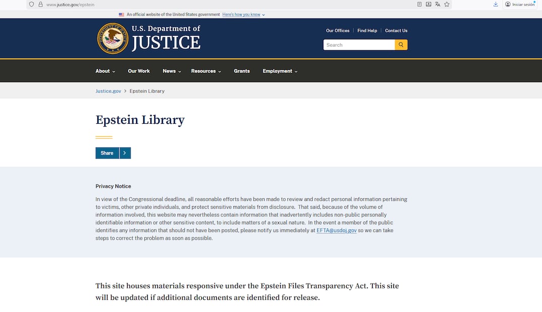 Departamento de Justicia de EU activa portal con documentos del caso Jeffrey Epstein (19/12/2025). Foto: Captura de pantalla