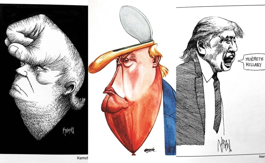 Cartones sobre el candidato a la presidencia de Estados Unidos realizados por Kemchs, Rogelio Naranjo y Omar. (IMÁGENES DEL LIBRO TRUMP. UN PERSONAJE DE CARICATURA)