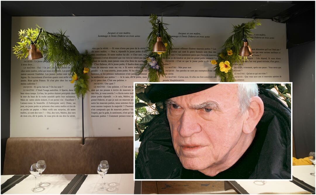 Flores colocadas permanentemente junto a un extracto de la obra de teatro de Milan Kundera "Jacques et son Maitre" en un restaurante cerca de su casa en París. Fotos: Christophe Ena/AP y EFE