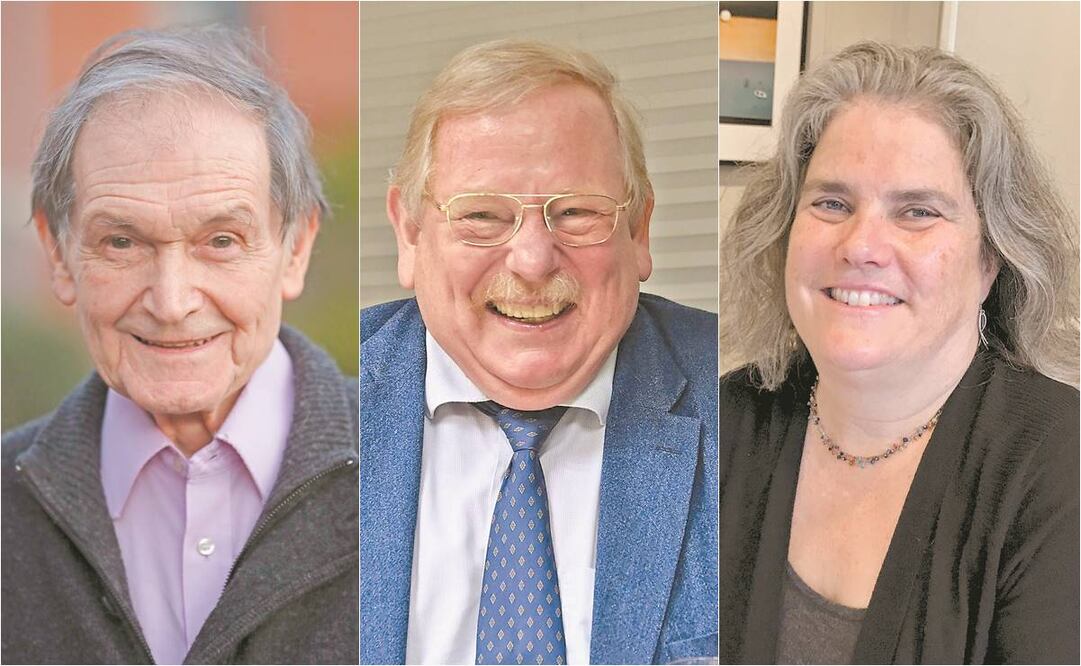 El británico Roger Penrose, el alemán Reinhard Genzel y la estadounidense Andrea Ghez. Foto: FRANK AUGSTEIN Y ARON rANEN. AP Y CHRISTOF STACHE. AFP