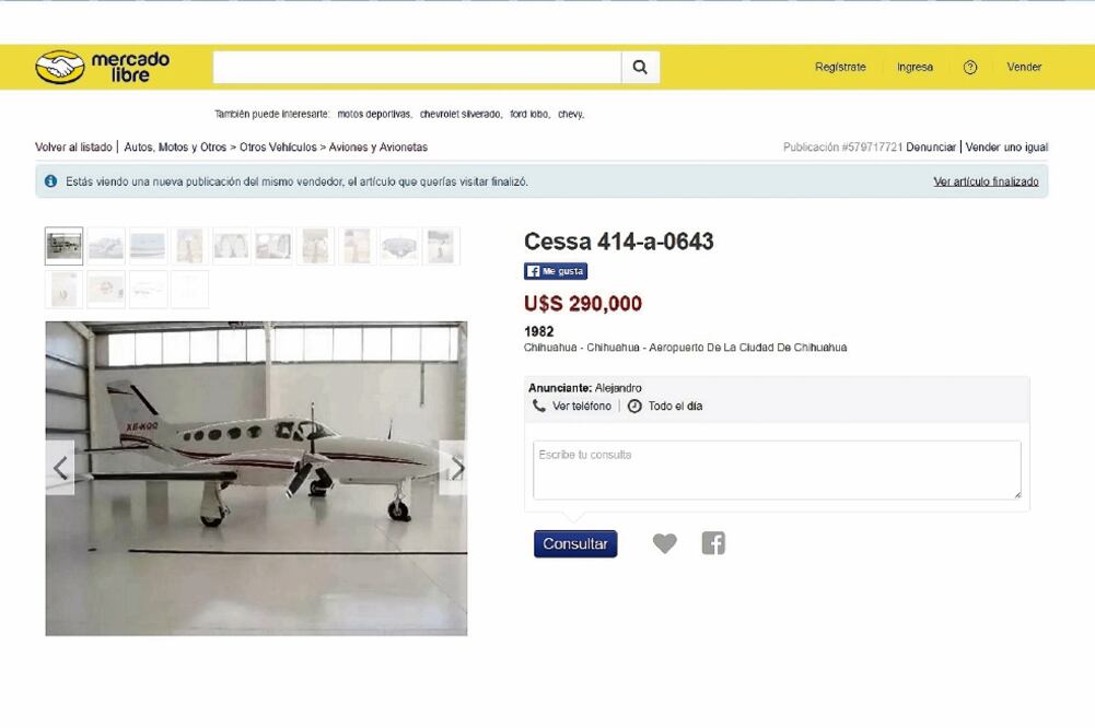 Anuncio. La página Mercado Libre anuncia el precio de la aeronave en dólares. Corral la usó para trasladarse a Mazatlán, junto con su esposa y mascota, del 17 al 21 de marzo. FOTO: TOMADAS DE MERCADO LIBRE