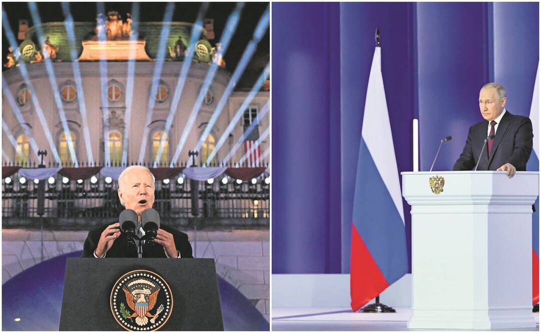 En la imagen el presidente de Estados Unidos, Joe Biden, al dar un discurso en los jardines del antiguo castillo real de Varsovia y el mandatario de Rusia, Vladimir Putin. Foto: Mandel Ngan/ AFP y EFE
