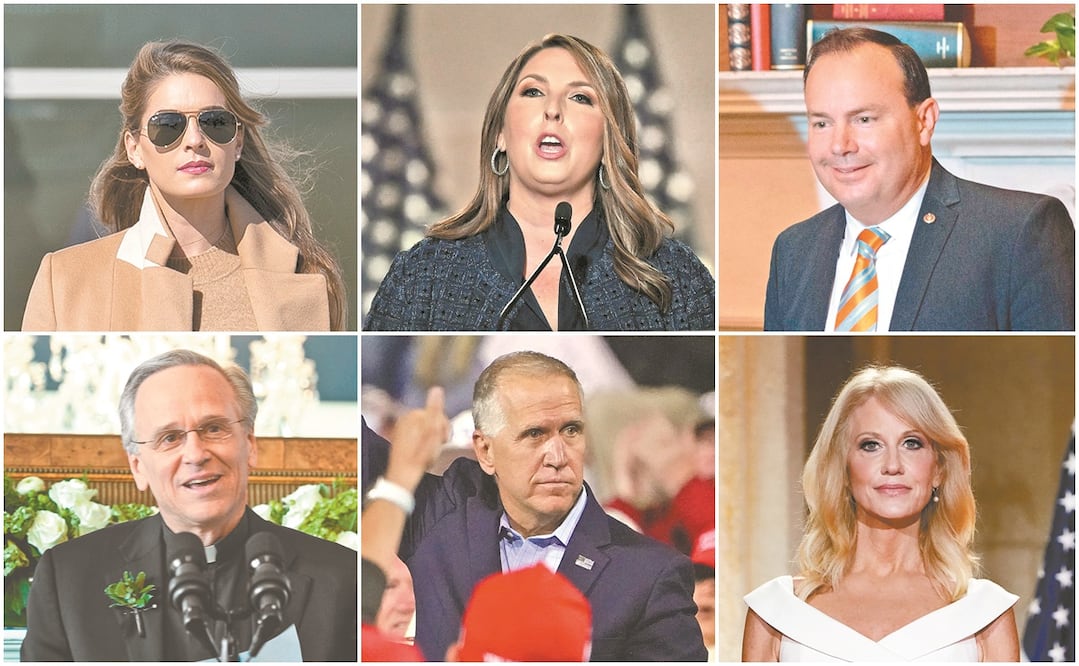 De izquierda a derecha y de arriba para abajo: Hope Hicks, Ronna McDaniel, Mike Lee, John Jenkins, Tom Tillis y Kellya nne Conway. Fotos: AP y AFP