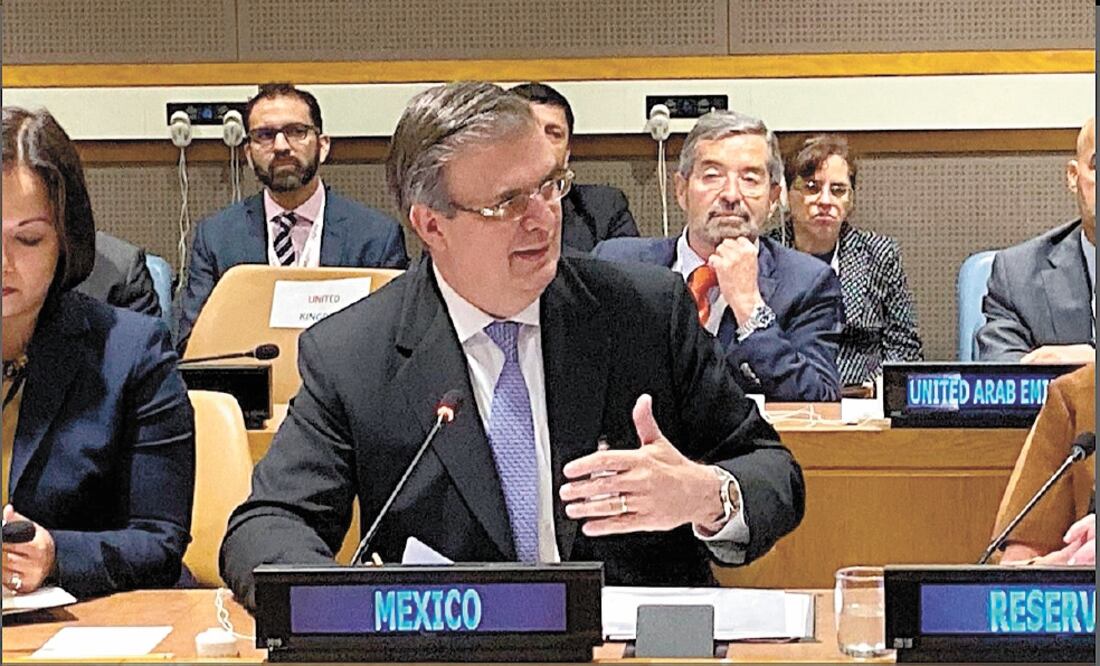 El secretario de Relaciones Exteriores, Marcelo Ebrard, ayer durante la sesión de la ONU en Nueva York. Foto: TOMADA DE TWITTER DE SRE
