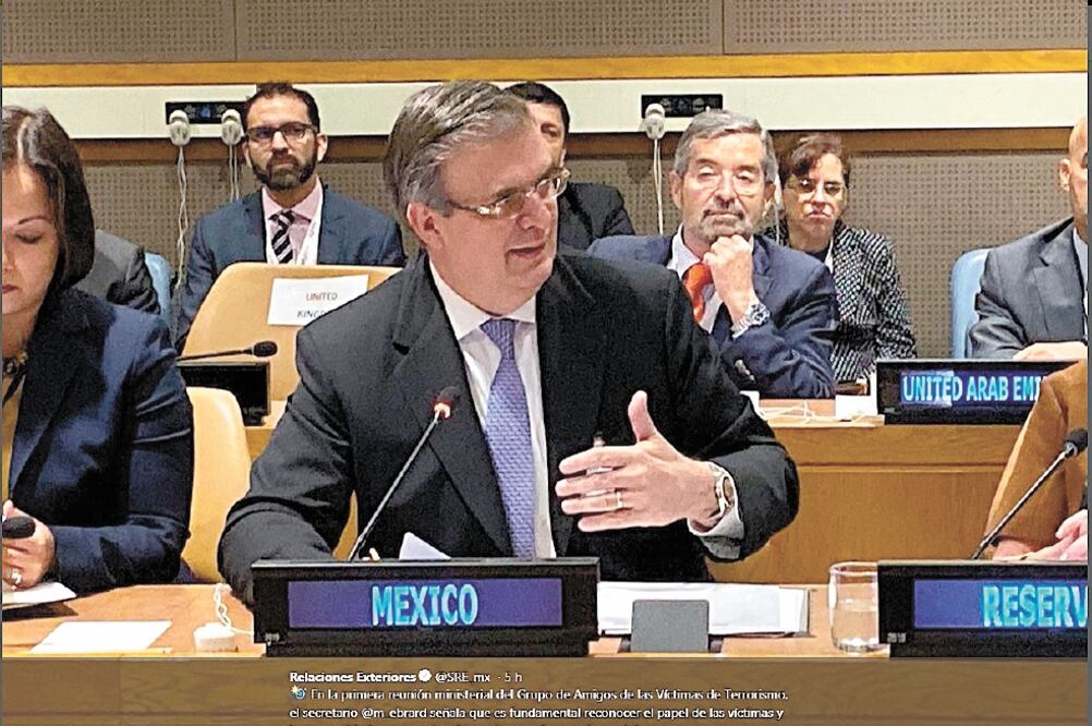 El secretario de Relaciones Exteriores, Marcelo Ebrard, ayer durante la sesión de la ONU en Nueva York. Foto: TOMADA DE TWITTER DE SRE