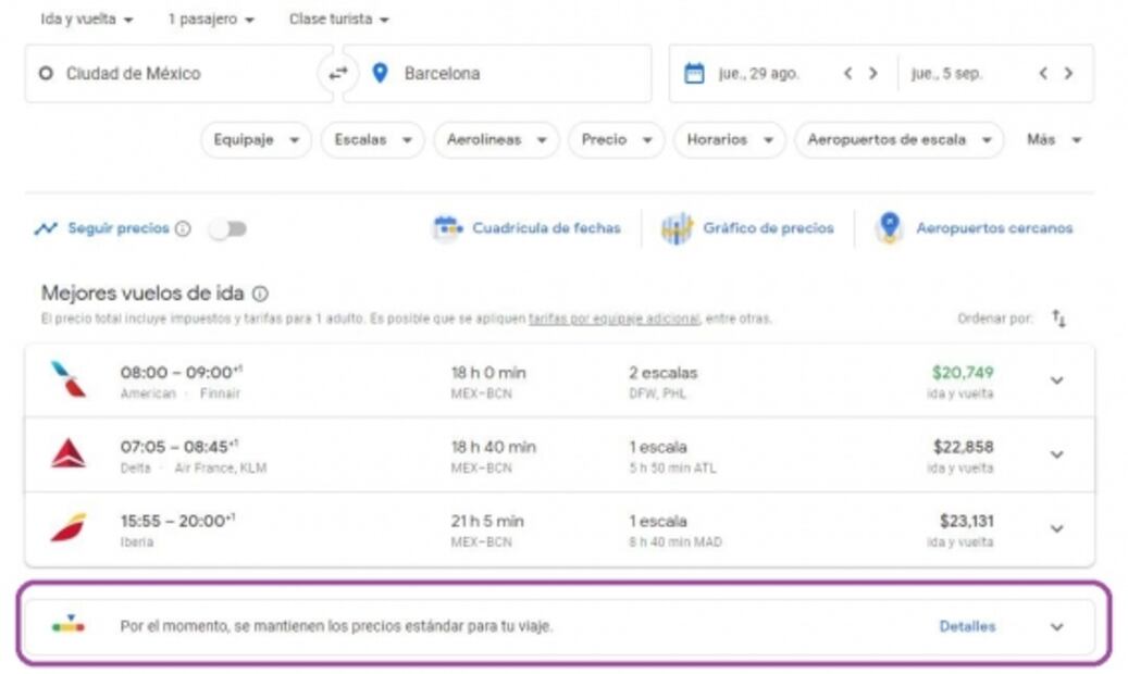 Google te dice si el vuelo que hallaste está muy caro o muy barato