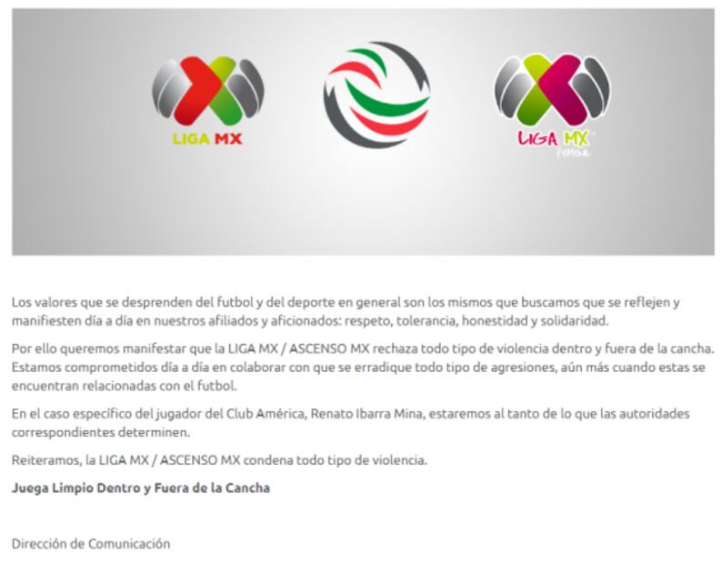 Liga MX se pronuncia tras caso Renato Ibarra