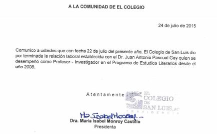 Despide El Colegio de San Luis a Juan Pascual Gay