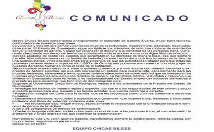 Chicas Biless condenan asesinato de Isabella Alvarez, mujer trans; piden se tipifiquen los crímenes de odio