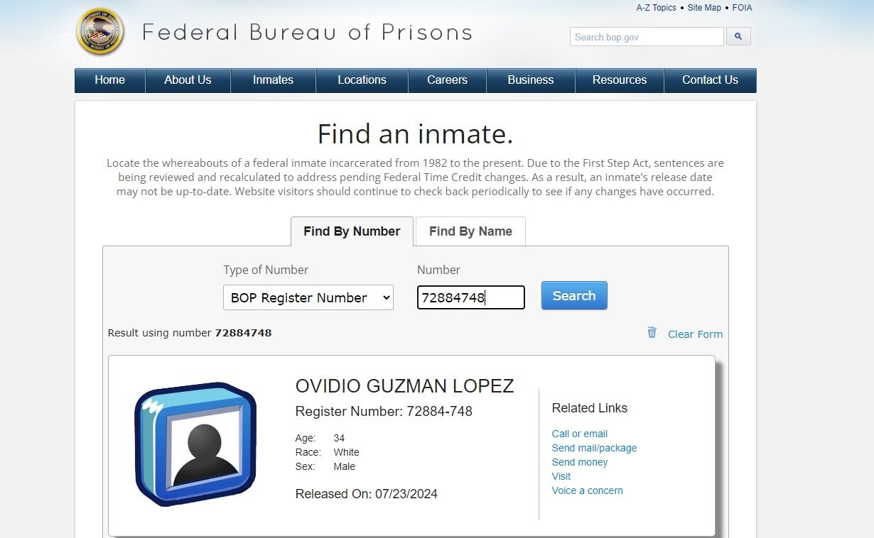 En la ficha del Buró Federal de Prisiones de Ovidio Guzmán López, hijo de Joaquín "El Chapo" Guzmán, aparece como "released" desde el 23 de julio de este año. Foto: captura de pantalla
