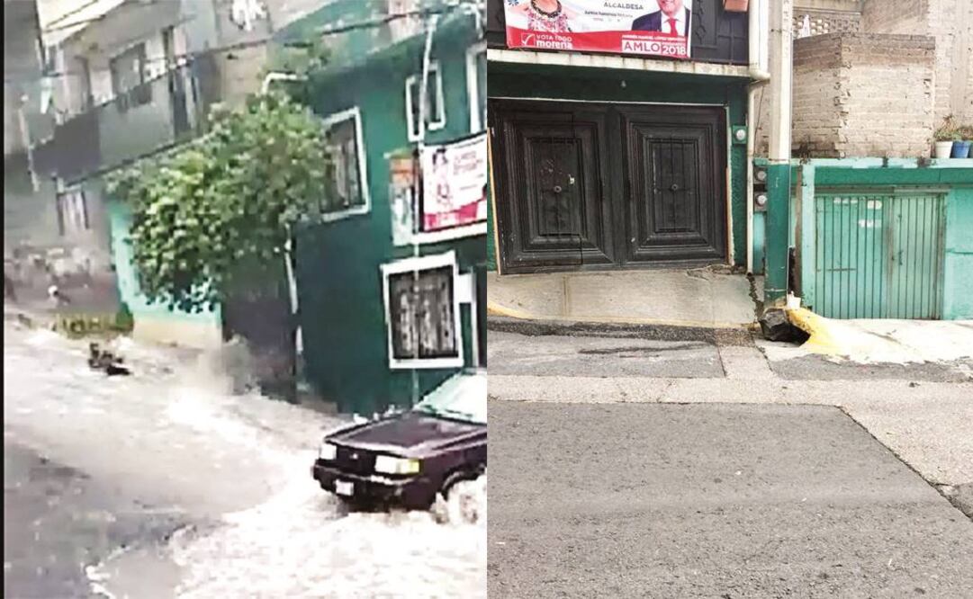 La primera imagen muestra el momento en el que el niño Ángel de Jesús es arrastrado por la corriente; en la segunda se ve la coladera en la que el cuerpo del niño quedó atrapado y donde murió (TOMADA DE VIDEO Y ANDREA AHEDO. EL UNIVERSAL)