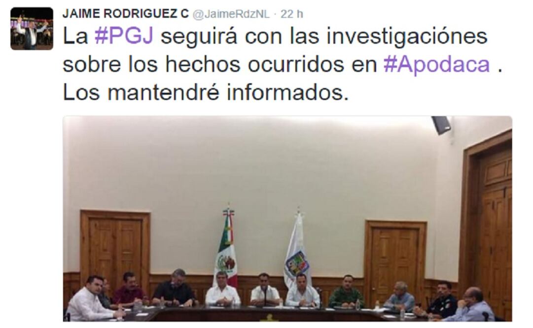 Nuevo León state Gov. Jaime Rodríguez Calderón said on Twitter that the Attorney General's Office will continue with the investigation. (Taken from Twitter @JaimeRdzNL)  