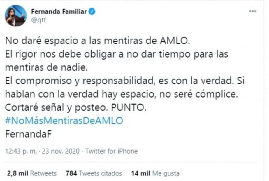 "No daré espacio a las mentiras de AMLO", dice Fernanda Familiar