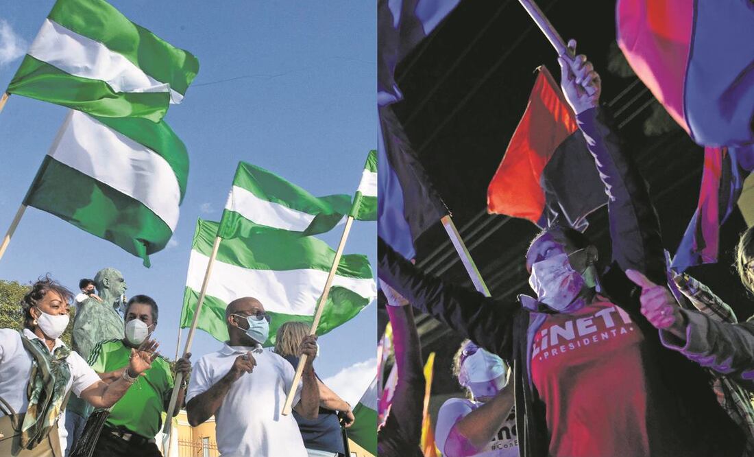 Simpatizantes del candidato presidencial José María Figueres Olsen, del Partido Liberación Nacional, y de la aspirante y exvicemandataria Lineth Saborío, del Partido Unidad Social Cristiana. Fotos: Ezequiel Becerra/AFP y Jeffrey Arguedas/EFE.