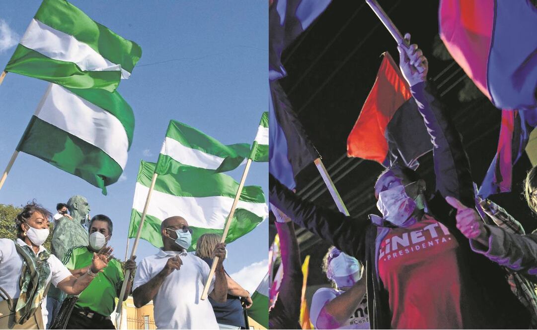 Simpatizantes del candidato presidencial José María Figueres Olsen, del Partido Liberación Nacional, y de la aspirante y exvicemandataria Lineth Saborío, del Partido Unidad Social Cristiana. Fotos: Ezequiel Becerra/AFP y Jeffrey Arguedas/EFE.