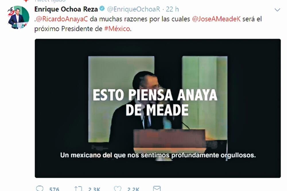 Difunden video. Enrique Ochoa publicó en su cuenta de Twitter un video en el que Anaya elogia a Meade Kuribreña. Foto: TOMADA DE TWITTER