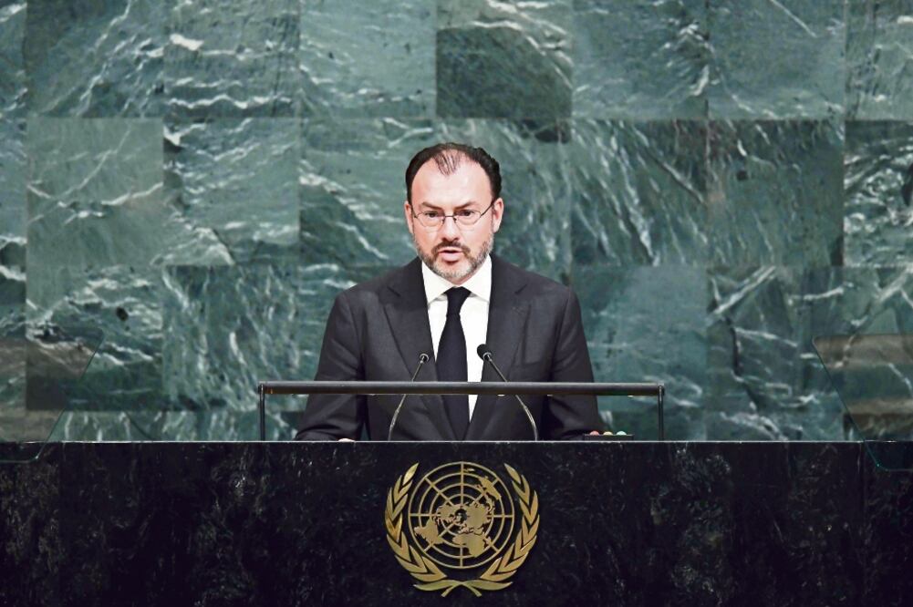 El canciller mexicano Luis Videgaray, en su discurso ante la ONU, en el que agradeció la solidaridad internacional tras el terremoto (JEWEL SAMAD. AFP)