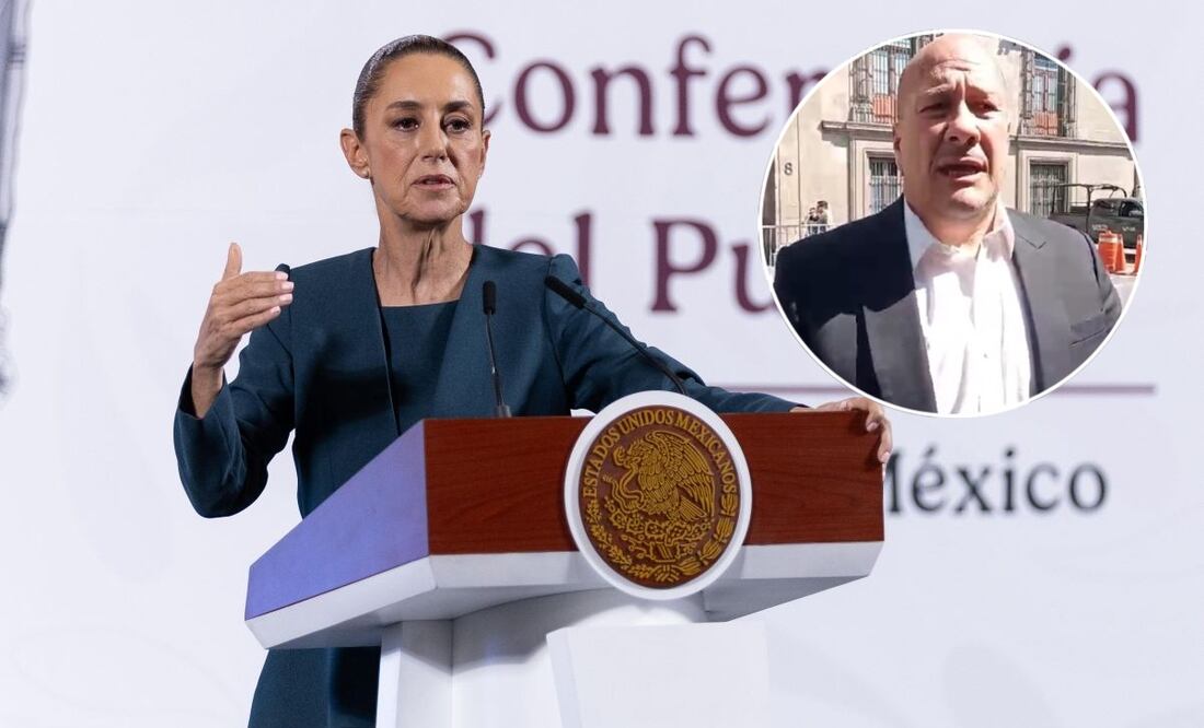 Claudia Sheinbaum, presidenta de México, durante la mañanera del 20 de marzo del 2025. En el círculo: Enrique Alfaro, exgobernador de Jalisco. Fotos: Hugo Salvador / EL UNIVERSAL y Especial