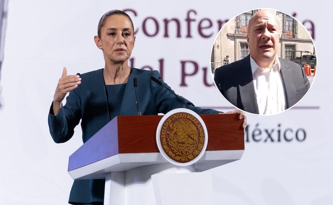 Claudia Sheinbaum, presidenta de México, durante la mañanera del 20 de marzo del 2025. En el círculo: Enrique Alfaro, exgobernador de Jalisco. Fotos: Hugo Salvador / EL UNIVERSAL y Especial