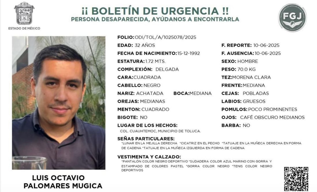 Reportan como desaparecido a Luis Octavio Palomares Mugica; fue visto por última vez en Toluca, Edomex | El Universal