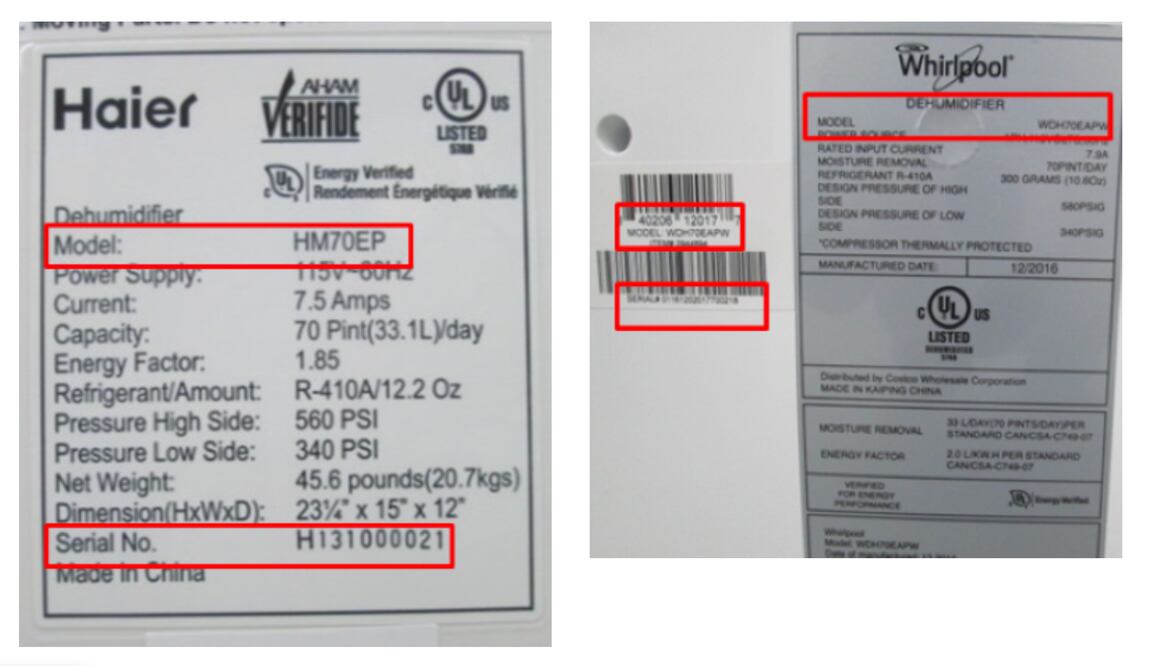 FOTOS: Hoja de especificaciones donde aparece modelo y número de serie. Hoja con el número de serie en una etiqueta separada