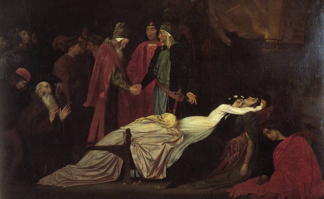 "La Reconciliación entre los Montesco y los Capuleto tras la muerte de Romeo y Julieta", pintura de Frederic Lord.