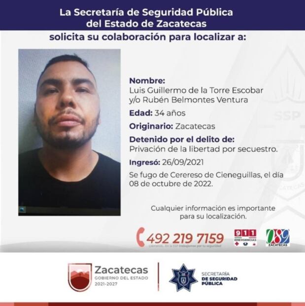 Emiten fichas de búsqueda de los 7 reos que se fugaron del penal de Cieneguillas en Zacatecas