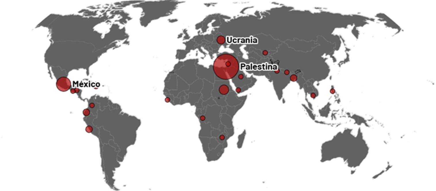 El mapa de Reporteros Sin Fronteras 2025 sobre los periodistas asesinados en el mundo en el ejercicio o por causa de su profesión. FOTO: RSF