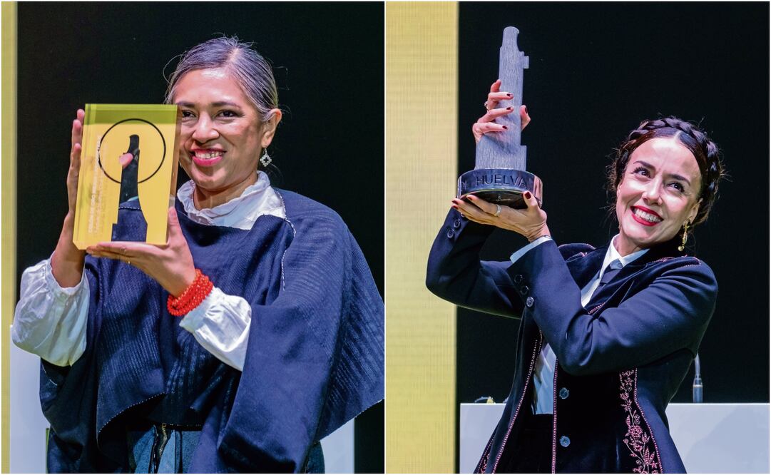 Cecilia con su galardón Ciudad de Huelva y Ángeles con el Colón de Oro dado por su Valentina, cinta que retrata el duelo en la infancia. Fotos: Juan Pérez | EFE