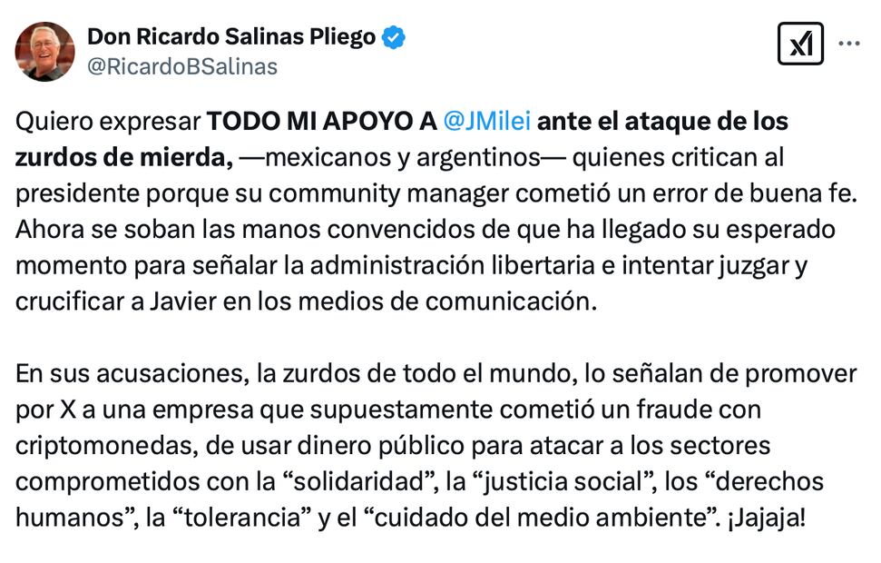 Salinas Pliego manda mensaje de apoyo a Milei tras supuesta estafa de criptomoneda que promocionó. Foto: Captura de pantalla