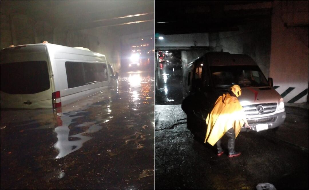 Bomberos rescatan a cuatro personas atrapadas en camioneta bajo puente inundado en Cuautitlán Izcalli. Foto: Especial