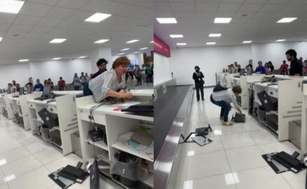 Mujer enfurece y rompe equipo de cómputo en AICM; policías la detienen: VIDEO