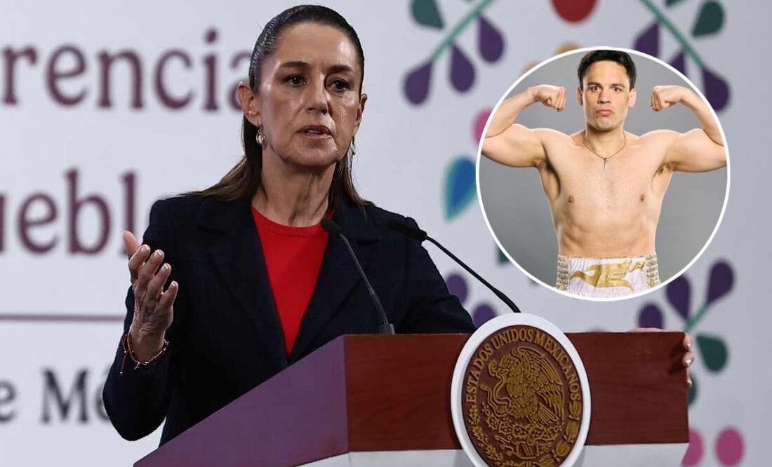 La presidenta Claudia Sheinbaum durante su conferencia mañanera del 7 de julio de 2025 y el boxeador Julio César Chávez Jr. Fotos: Berenice Fregoso / EL UNIVERSAL y Tomada de la cuenta de IG de @jcchavezjr..
