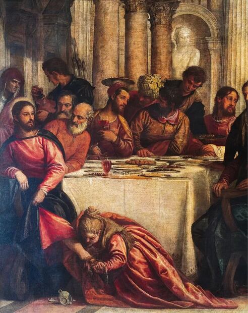 María Magdalena lavándole los pies a Jesús, detalle de "Cena en casa del fariseo", 1570, de Paolo Caliari conocido como Veronese. Foto: Getty Images