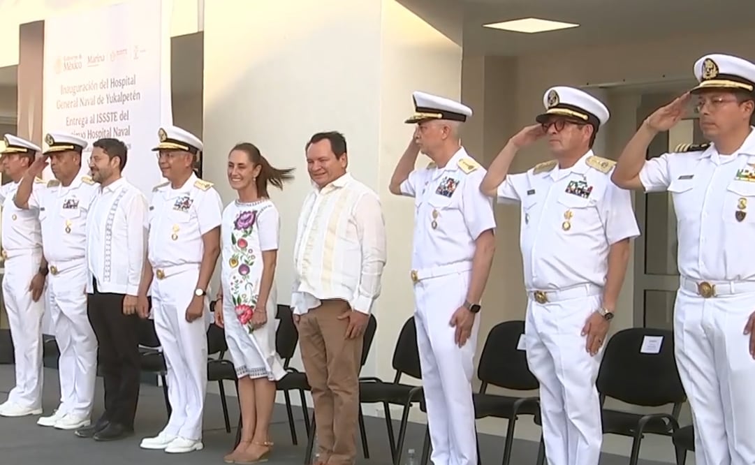 Inauguración del Hospital General Naval de Yucalpetén, en Progreso, Yucatán. Foto: Captura de pantalla X @Claudiashein