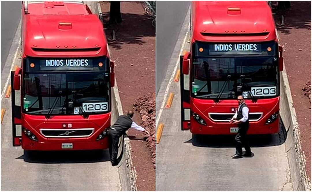 Conductor de Metrobús se baja por una piedra. Foto: Alberto González/ EL UNIVERSAL