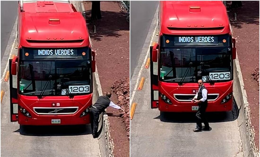 Conductor de Metrobús se baja por una piedra. Foto: Alberto González/ EL UNIVERSAL