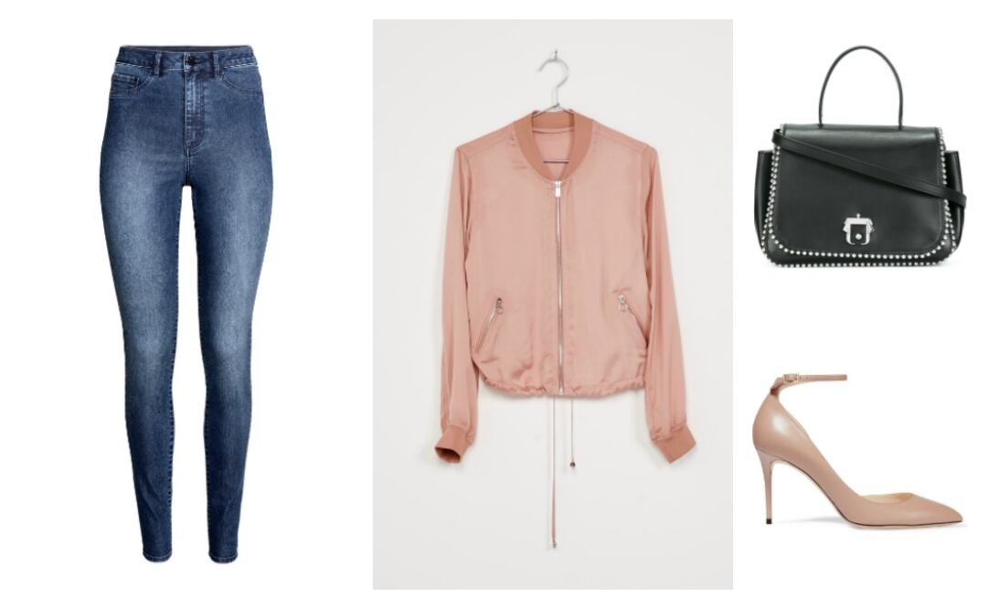 Super skinny high jeggings H&M $349.00 
Lucy leather pumps JIMMY CHOO $12,798.56
Cazadora bomber corta BERSHKA $499.00
Bolso de mano pequeño “Bea” PAULA CADEMARTORI $23,502.42