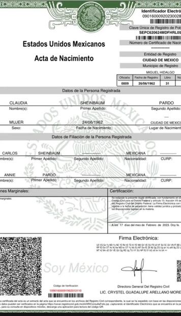 Acta de nacimiento de Claudia Sheinbaum. Foto: Especial
