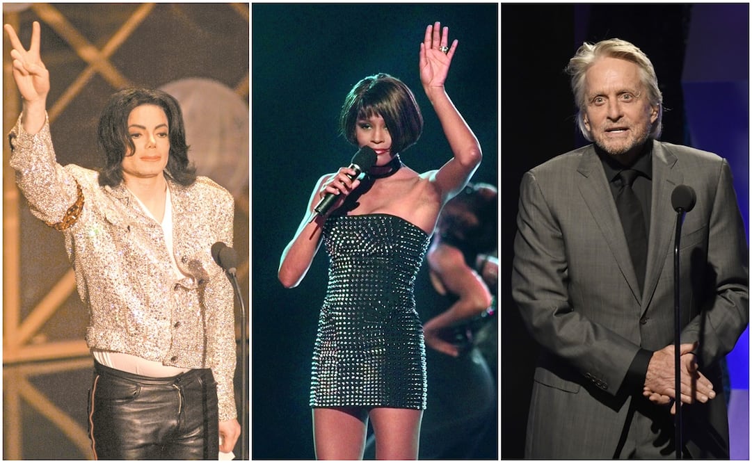 Michael Jackson, Whitney Houston y Michael Douglas. Fotos: AP y AFP